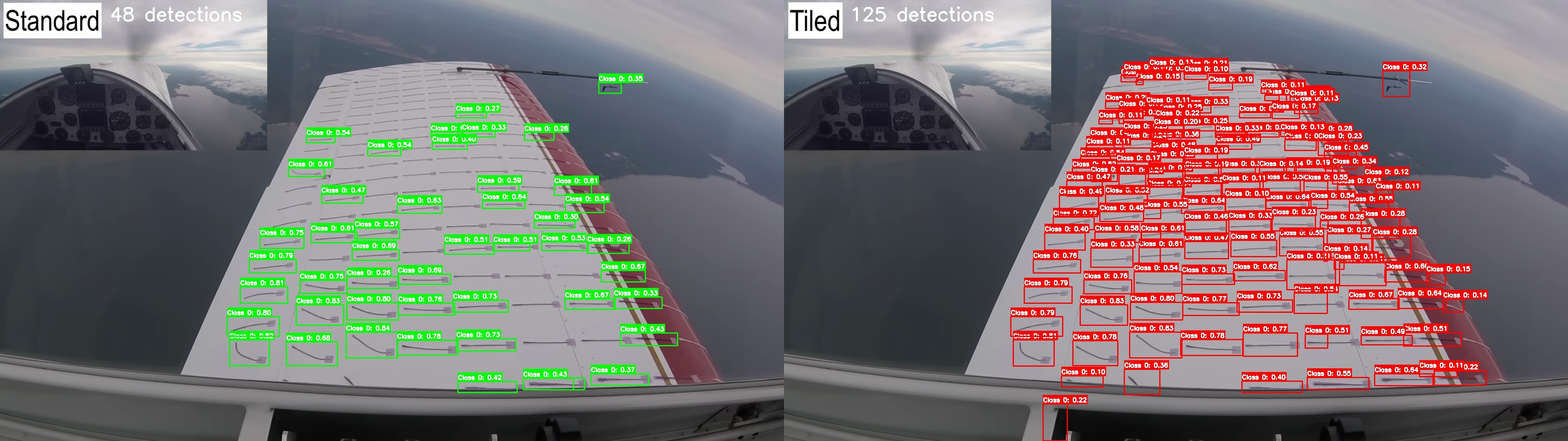 Tiled inference on aircraft wing tufts: full frame versus tiles